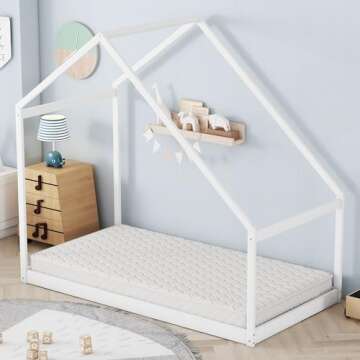 Merax Twin Bed Frames with Roof for Kids Girls Boys, Montessori Wooden House Shaped, Sturdy Framework, Easy Assembly, No Noise