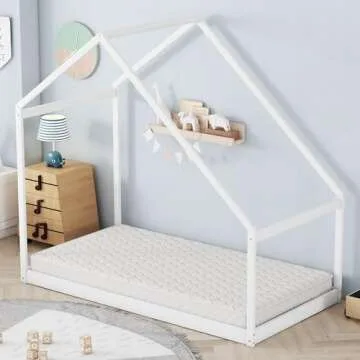 Merax Twin Bed Frames with Roof for Kids Girls Boys, Montessori Wooden House Shaped, Sturdy Framework, Easy Assembly, No Noise