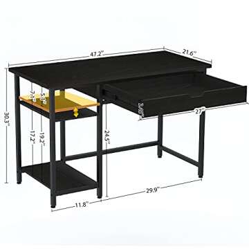 Rolanstar Computer Desk with Shelves and Drawer, 47" Home Office Writing Desk, Laptop Study Table Workstation, Particle Board with Metal Frame, Business Style,Black