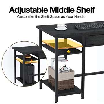 Rolanstar Computer Desk with Shelves and Drawer, 47" Home Office Writing Desk, Laptop Study Table Workstation, Particle Board with Metal Frame, Business Style,Black