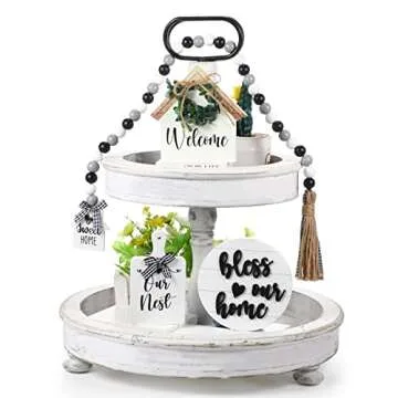 4 Pieces Farmhouse Tiered Tray Decor Set Including House Farmhouse Sign Wooden Small Items Plaid Wood Bead Garland for Home Decor(Simple Style)