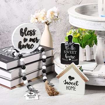 4 Pieces Farmhouse Tiered Tray Decor Set Including House Farmhouse Sign Wooden Small Items Plaid Wood Bead Garland for Home Decor(Simple Style)