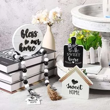 4 Pieces Farmhouse Tiered Tray Decor Set Including House Farmhouse Sign Wooden Small Items Plaid Wood Bead Garland for Home Decor(Simple Style)