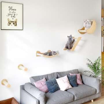 DWVO Cat Wall Shelves and Perches for Wall, Solid Wood Wall Mounted Cat Furniture, Set of 5 Cat Clim...