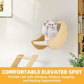 DWVO Cat Wall Shelves and Perches for Wall, Solid Wood Wall Mounted Cat Furniture, Set of 5 Cat Climbing Shelves with Moon Cat House, Cat Bridge Ladder, Cat Hammock and Cat Scratching Post