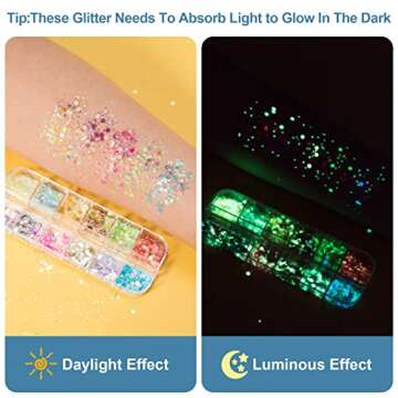 24 Colors Glow in The Dark Glitter, PAGOW High Luminous Iridescent Chunky Glitter Gel, Resin Non Self-Adhesive UV Black Light Glitter for Eyeshadow, Face, Body, Halloween Makeup