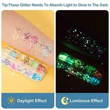 24 Colors Glow in The Dark Glitter, PAGOW High Luminous Iridescent Chunky Glitter Gel, Resin Non Self-Adhesive UV Black Light Glitter for Eyeshadow, Face, Body, Halloween Makeup