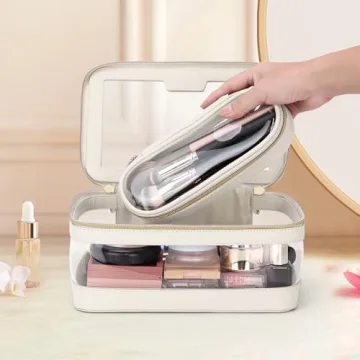 Soimeat Clear Travel Makeup Bag with Brush Holder Off-White