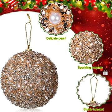 BBTO 8 Pcs Christmas Tree Ball Ornaments Glitter Sequin Foam Ornaments Hanging Decorations for Xmas Wedding Party Holiday Decor(Champagne,4 Inch)
