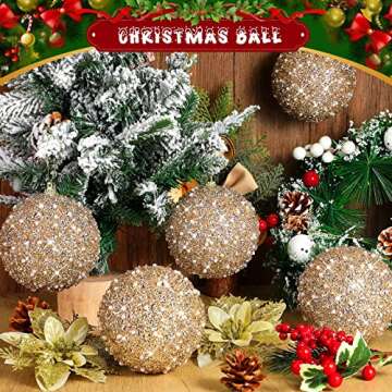 BBTO 8 Pcs Christmas Tree Ball Ornaments Glitter Sequin Foam Ornaments Hanging Decorations for Xmas Wedding Party Holiday Decor(Champagne,4 Inch)