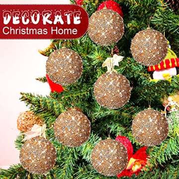 BBTO 8 Pcs Christmas Tree Ball Ornaments Glitter Sequin Foam Ornaments Hanging Decorations for Xmas Wedding Party Holiday Decor(Champagne,4 Inch)