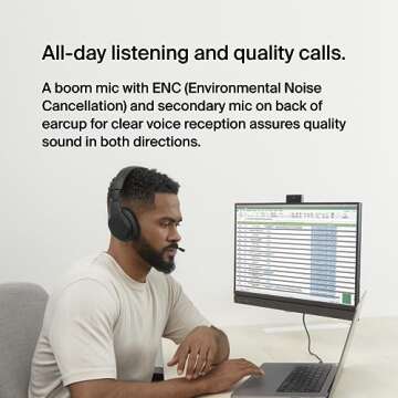 Belkin SoundForm Adapt Wireless Over-Ear Headset, Headphones for Work, Play, Gaming, & Travel w/Built-in Boom Microphone, 45H Battery Life - Compatible with iPhone, iPad, Galaxy, and More - Black