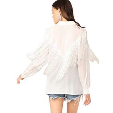 Verdusa Women's Fringe Trim Long Sleeve Button Up Blouse Shirt Top White S