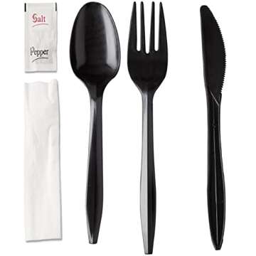 450 Plastic Cutlery Packets - Knife Fork Spoon Napkin Salt Pepper Sets | Black Plastic Silverware Se...