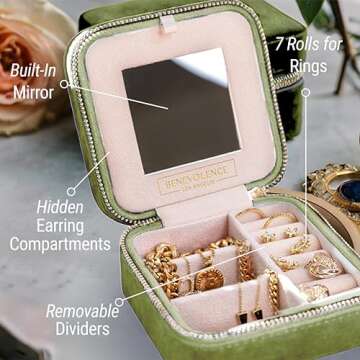 Benevolence LA Plush Velvet Jewelry Box | Travel Jewelry Case Organizer with Mirror | Featured in Oprah's Favorite Things | Best Gifts For Daughter, Girlfriend, Mom | Gifts For Her - Mistletoe Green