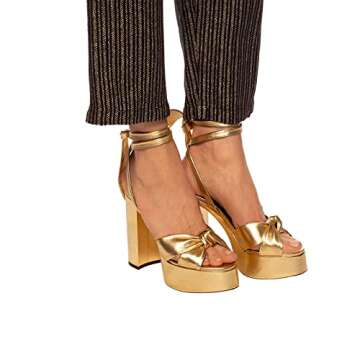 Goolita Metallic Lace Up Chunky Heel Platform Heels For Women Open Toe Slingback Ankle Strap Heeled Sandals Bow Sexy Fashion Evening Party Shoes