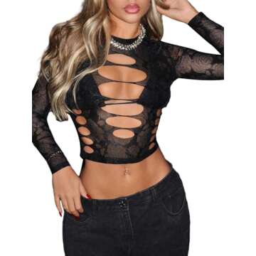 Milumia Women's Y2k Cut Out Floral Mesh Long Sleeve Sheer Crop Tee Sexy Rave Party Tops Black Large