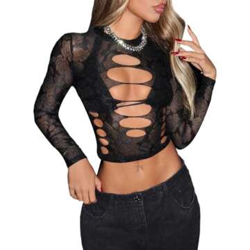 Milumia Women's Y2k Cut Out Floral Mesh Long Sleeve Sheer Crop Tee Sexy Rave Party Tops Black Large