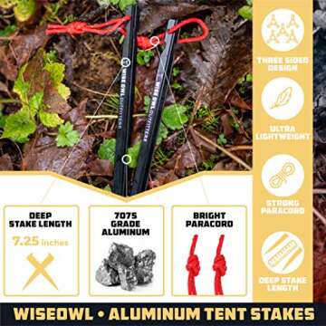 Wise Owl Outfitters Tent Stakes - Heavy Duty Camping Stakes for Outdoor Tent & Tarp - Essential Camp...