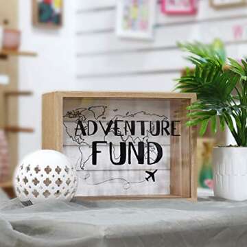 Hanna Roberts Card and Adventure Fund Wood Box with World Map and Plane Design for Weddings, Birthdays, Graduations, Baby and Bridal Showers, 9" x 5.5" x 7", Adventure Fund