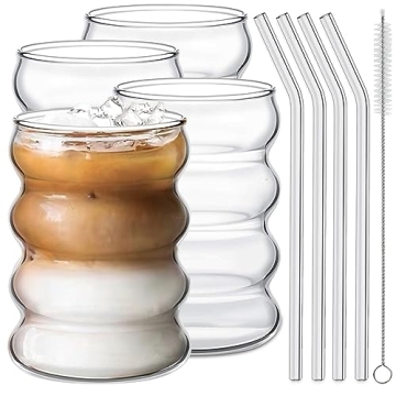 Ework4U 4-Pc Glassware Set with Straws - Elegant 14oz Drinking Glasses