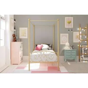 DHP Metal Canopy Kids Platform Bed with Four Poster Design, Scrollwork Headboard and Footboard, Underbed Storage Space, No Box Sring Needed, Twin, Gold