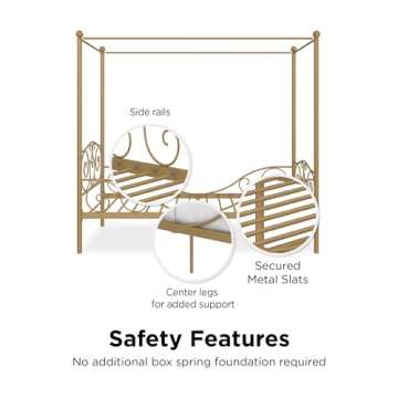 DHP Metal Canopy Kids Platform Bed with Four Poster Design, Scrollwork Headboard and Footboard, Underbed Storage Space, No Box Sring Needed, Twin, Gold