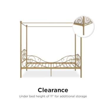 DHP Metal Canopy Kids Platform Bed with Four Poster Design, Scrollwork Headboard and Footboard, Underbed Storage Space, No Box Sring Needed, Twin, Gold