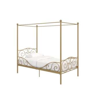 DHP Metal Canopy Kids Platform Bed with Four Poster Design, Scrollwork Headboard and Footboard, Underbed Storage Space, No Box Sring Needed, Twin, Gold