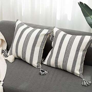 blue page Decorative Textured Black White Throw Pillow Covers Set, Modern Striped Farmhouse Pillow Cover for Couch, Square Boho Pillow Cases (20x20 Inches, 2 Pack)