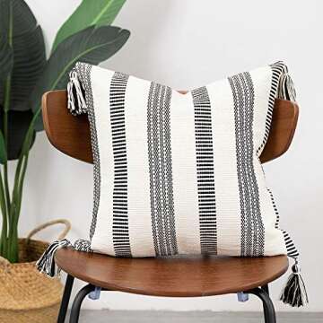 blue page Decorative Textured Black White Throw Pillow Covers Set, Modern Striped Farmhouse Pillow Cover for Couch, Square Boho Pillow Cases (20x20 Inches, 2 Pack)