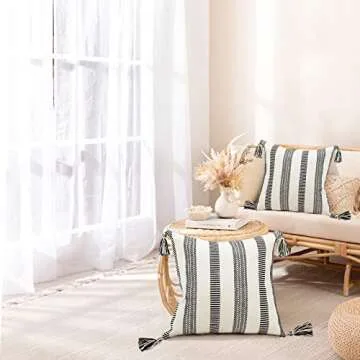 blue page Decorative Textured Black White Throw Pillow Covers Set, Modern Striped Farmhouse Pillow Cover for Couch, Square Boho Pillow Cases (20x20 Inches, 2 Pack)