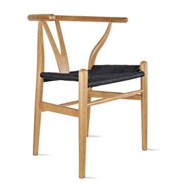 2xhome Natural Beige Wishbone Wood Armchair with Arms Open Y Back Open Mid Century Modern Contemporary Chair Dining Chairs Woven Black Seat Living Desk