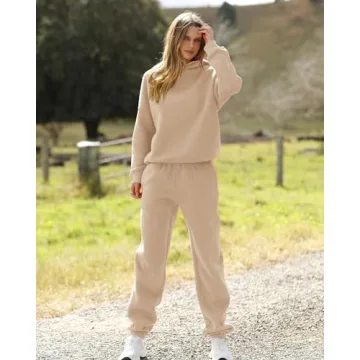 BTFBM Women 2 Piece Sweatsuits Long Sleeve Hooded Pullover Jogger Pants Fall Winter Casual Loose Lounge Sets Tracksuit(Solid Khaki, Medium)