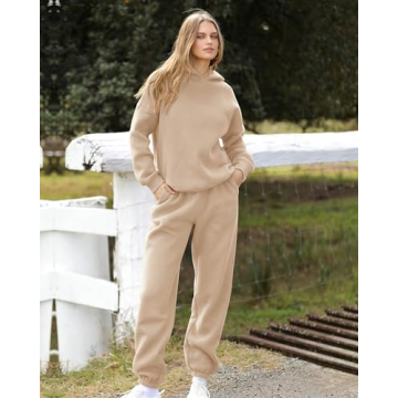 BTFBM Women 2 Piece Sweatsuits Long Sleeve Hooded Pullover Jogger Pants Fall Winter Casual Loose Lounge Sets Tracksuit(Solid Khaki, Medium)