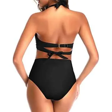 Tempt Me Black Retro Halter Ruched High Waist Bikini