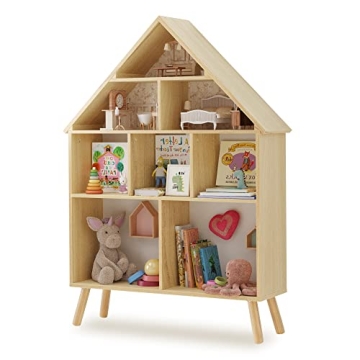 Curipeer Kids Dollhouse Bookshelf and Baby Storage - Wooden Stand Dollhouse Bookcase with 4-Tier Sto...