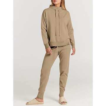 ANRABESS Women Two Piece Outfits Turtleneck Pullover Top Cozy Knit Sweater Pants Lounge Set 2024 Fall Sweatsuit Sweatsuits Khaki X-Large