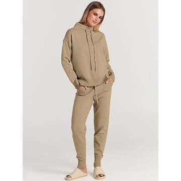 ANRABESS Women Two Piece Outfits Turtleneck Pullover Top Cozy Knit Sweater Pants Lounge Set 2024 Fall Sweatsuit Sweatsuits Khaki X-Large