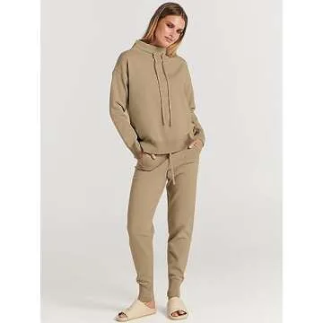 ANRABESS Women Two Piece Outfits Turtleneck Pullover Top Cozy Knit Sweater Pants Lounge Set 2024 Fall Sweatsuit Sweatsuits Khaki X-Large