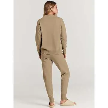 ANRABESS Women Two Piece Outfits Turtleneck Pullover Top Cozy Knit Sweater Pants Lounge Set 2024 Fall Sweatsuit Sweatsuits Khaki X-Large