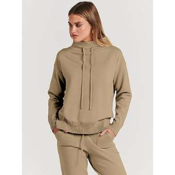 ANRABESS Women Two Piece Outfits Turtleneck Pullover Top Cozy Knit Sweater Pants Lounge Set 2024 Fall Sweatsuit Sweatsuits Khaki X-Large