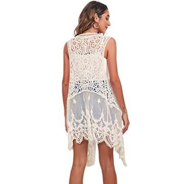 Lace Front Open Sleeveless Top Cardigan Crochet Vest Bikini Cover up Summer Beachwear (as1, Alpha, one_Size, Regular, Regular, C-Cream)