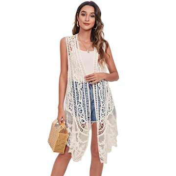 Lace Front Open Sleeveless Top Cardigan Crochet Vest Bikini Cover up Summer Beachwear (as1, Alpha, one_Size, Regular, Regular, C-Cream)