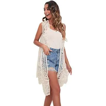 Lace Front Open Sleeveless Top Cardigan Crochet Vest Bikini Cover up Summer Beachwear (as1, Alpha, one_Size, Regular, Regular, C-Cream)
