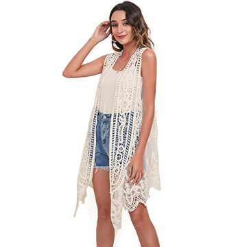 Lace Front Open Sleeveless Top Cardigan Crochet Vest Bikini Cover up Summer Beachwear (as1, Alpha, one_Size, Regular, Regular, C-Cream)