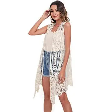 Lace Front Open Sleeveless Top Cardigan Crochet Vest Bikini Cover up Summer Beachwear (as1, Alpha, one_Size, Regular, Regular, C-Cream)