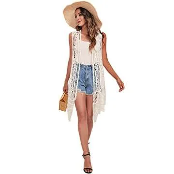 Lace Front Open Sleeveless Top Cardigan Crochet Vest Bikini Cover up Summer Beachwear (as1, Alpha, one_Size, Regular, Regular, C-Cream)