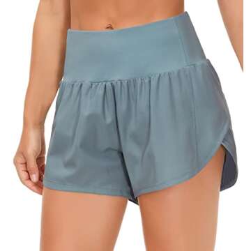 Dragon Fit Womens High Waisted Running Shorts Quick Dry Athletic Workout Shorts with Mesh Liner Zipper Pockets (Medium, Denim Blue)