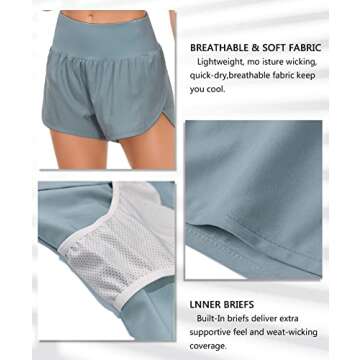 Dragon Fit Womens High Waisted Running Shorts Quick Dry Athletic Workout Shorts with Mesh Liner Zipper Pockets (Medium, Denim Blue)
